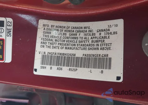 2011 Honda Civic Ex из США, поврежденный, VIN 2HGFA1F80BH534268